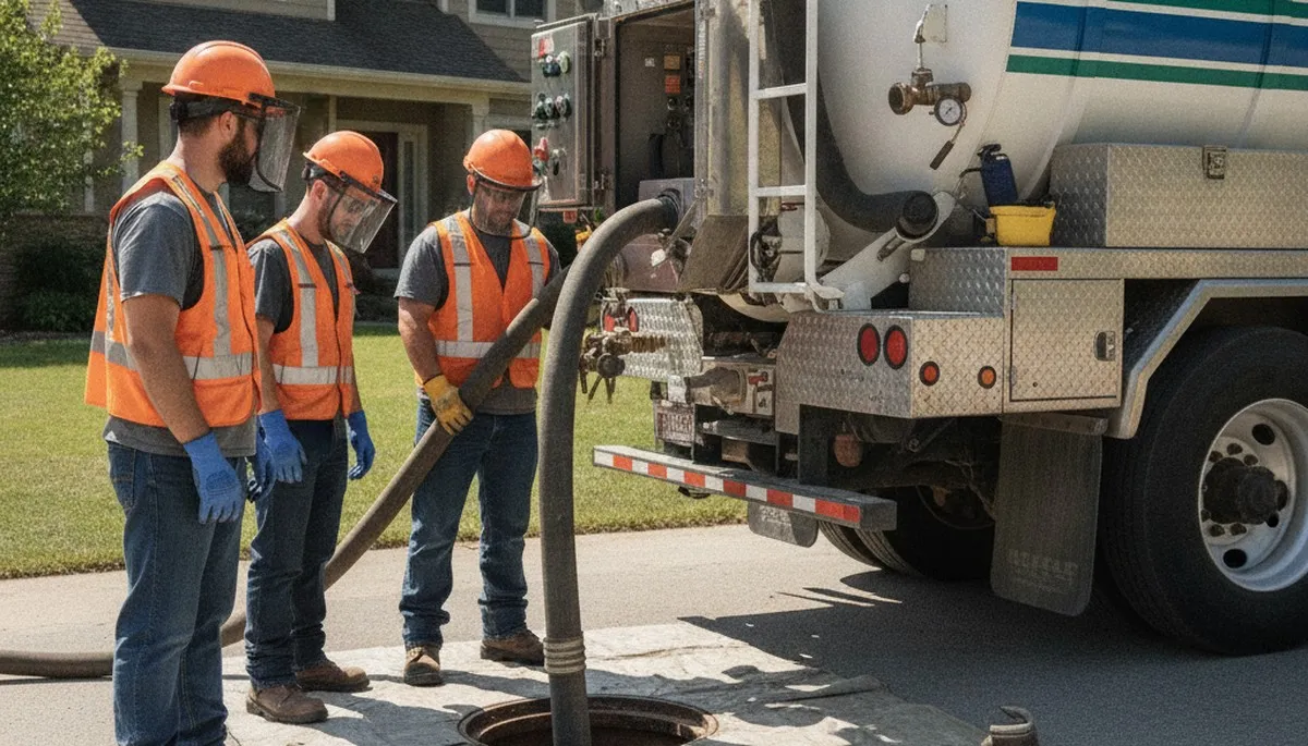 Septic pumping truck serving Bakersfield, CA homes with on-call plumbing service